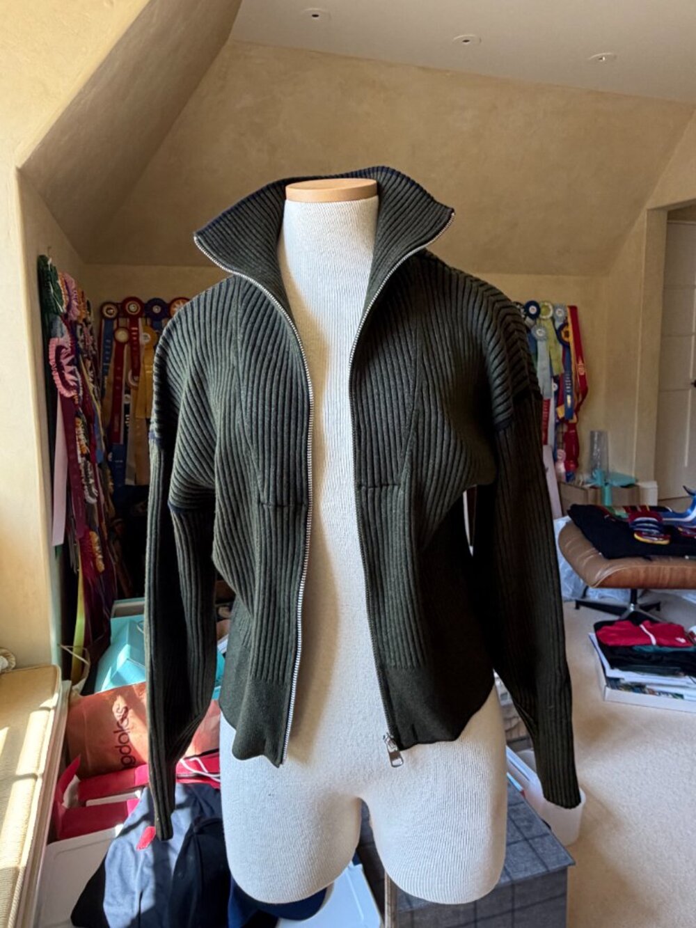 Varley Dark Olive Green Ribbed Full Zip Sweater Jacket